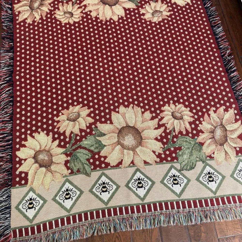 Sunflower Bee Woven Tapestry Throw Blanket Afghan Fringe Red 69x53 Cottagecore